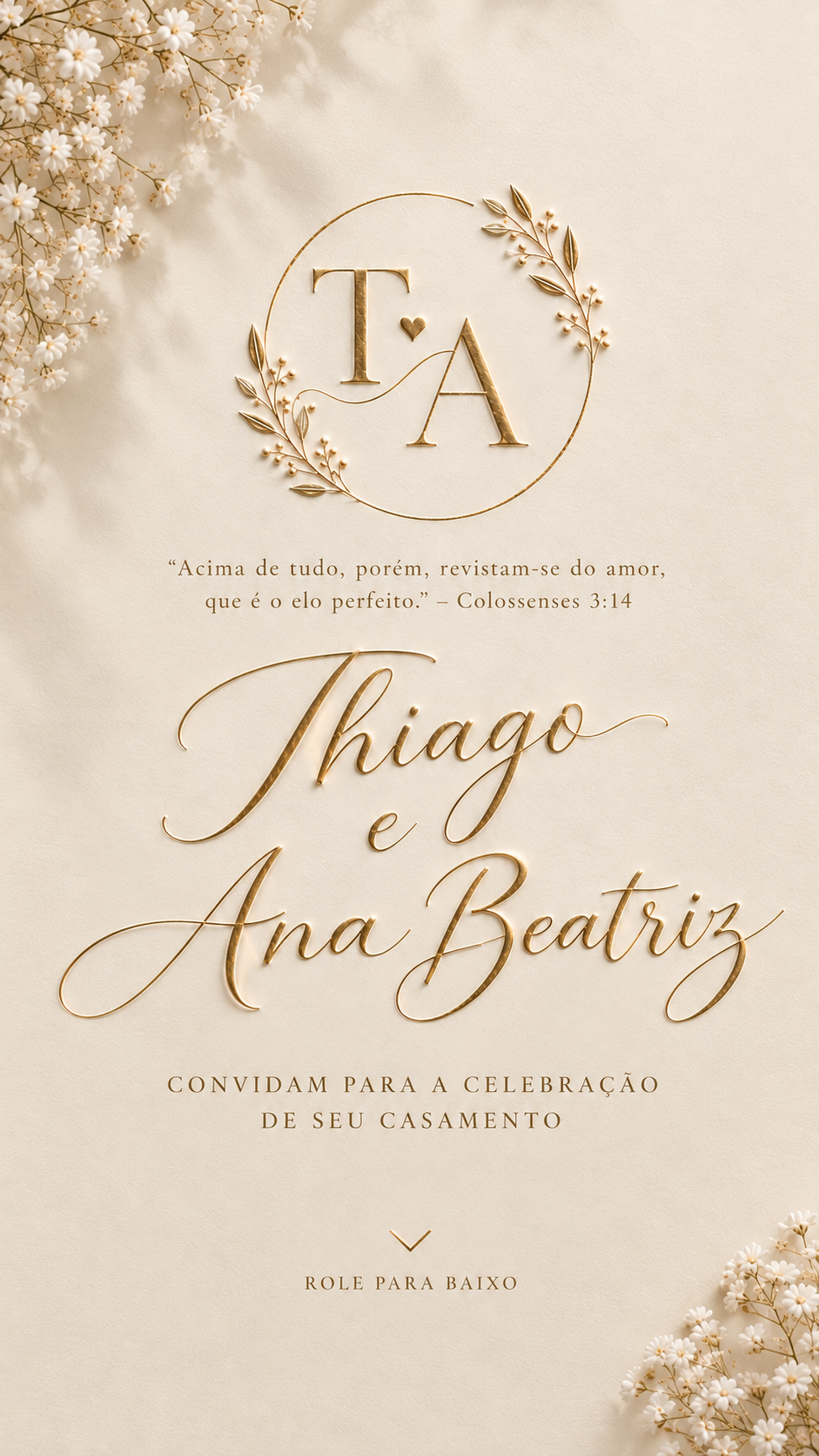 Convite de casamento de Thiago e Ana Beatriz: monograma com ramos, o versículo de Colossenses 3:14 e o convite para a celebração